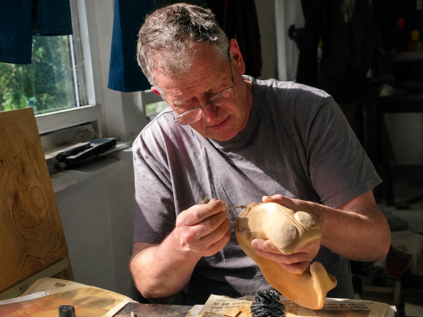 Francis Hubin travaillant sur une sculpture
