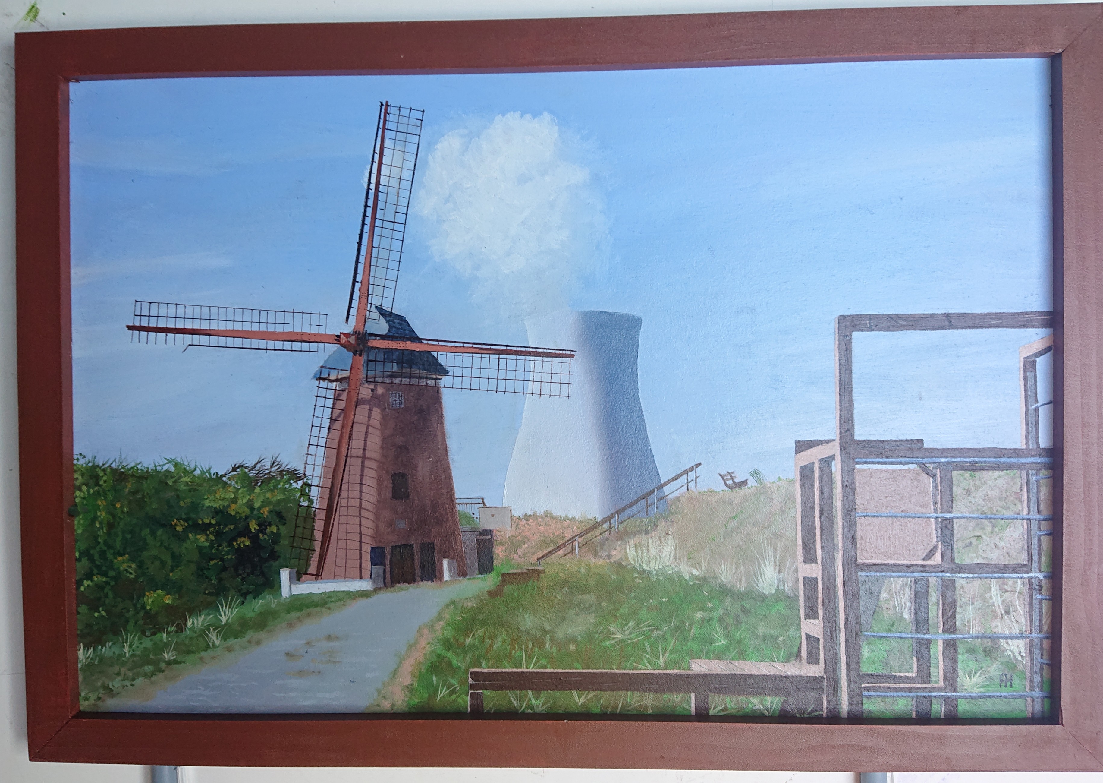 Peinture représentant un moulin et une tour de refroidissement